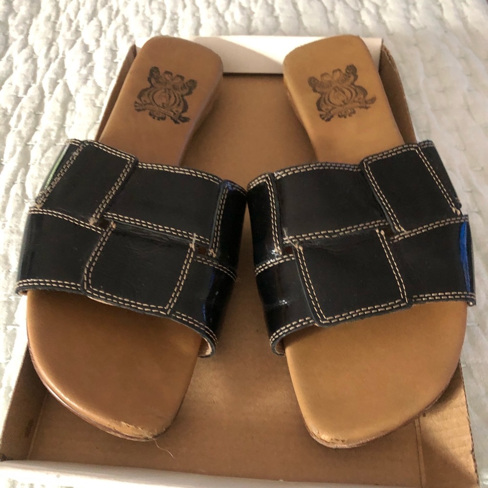 Dark brown patent slides